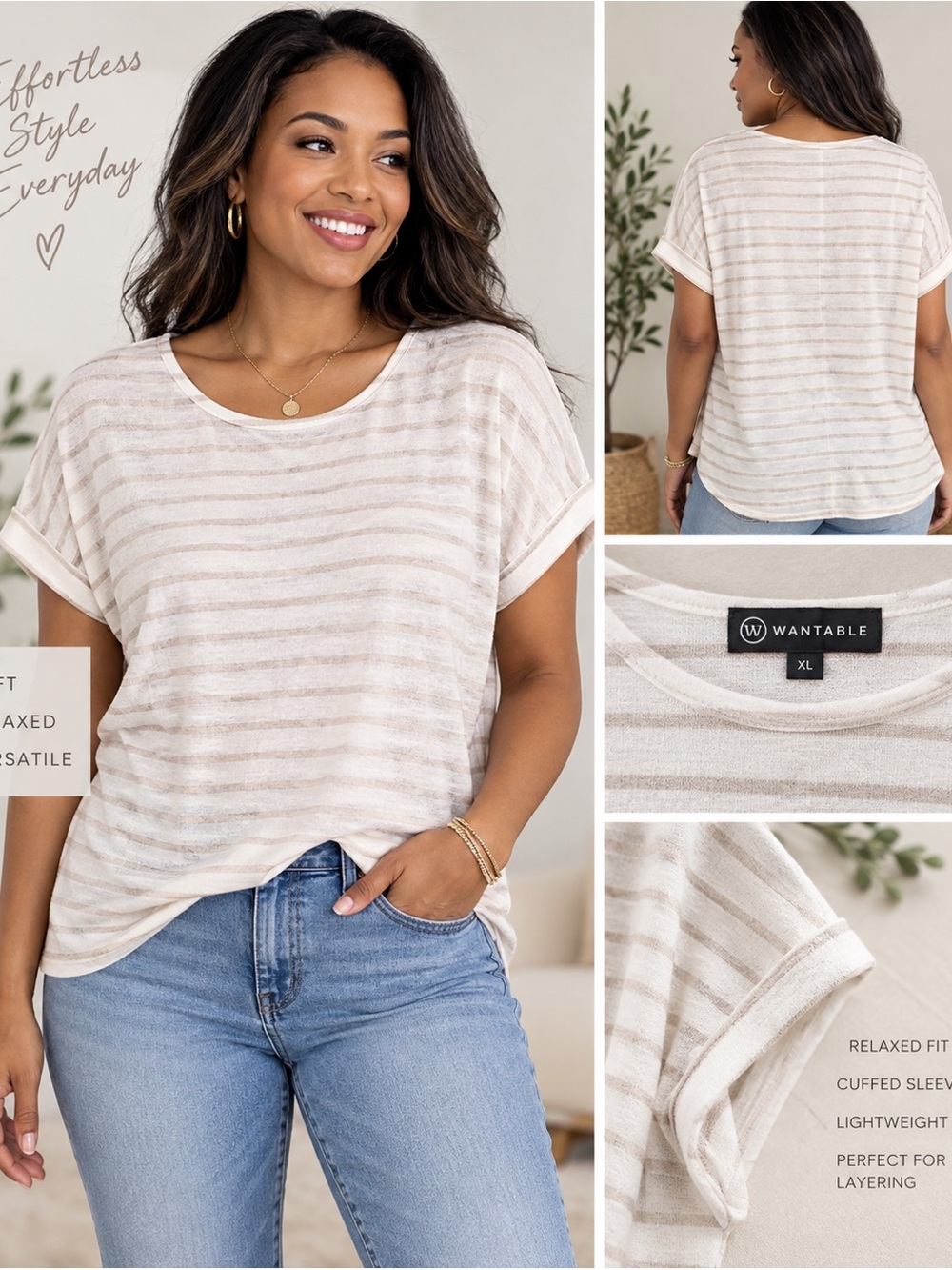 Wantable XL Ivory Beige Striped Relaxed Knit Top NWOT Condition